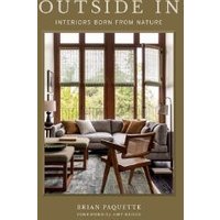 "Outside In book cover featuring a cozy living room with large windows, neutral-toned furniture, and green outdoor view"