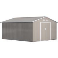 Light grey metal garden shed, 13x11ft, with foundation, ventilation, and two lockable doors.