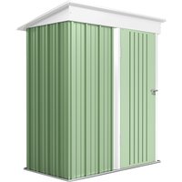 Green metal garden shed with lockable door, adjustable shelf, sloped roof, and included gloves.