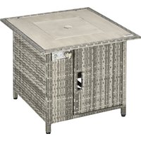 Grey square PE rattan gas fire pit table with glass windscreen, lava stones, and rain cover, 50000 BTU.