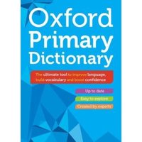 Oxford Primary Dictionary with blue cover, colorful geometric design, and text highlighting language improvement features.
