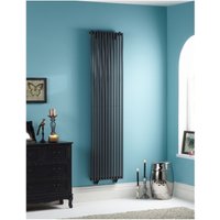 Gun metal vertical radiator, 1800mm x 465mm, sleek design with parallel bars, mounted on a blue wall.