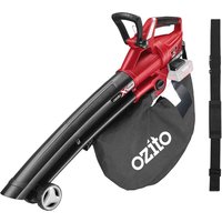Red and black Ozito cordless garden vacuum and leaf blower with collection bag and adjustable strap.