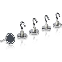 Pack of 5 silver magnetic hooks with round bases and curved hooks, 47x36mm, by STHELENS.