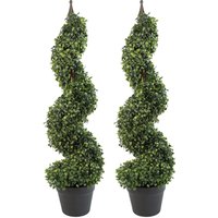 Pair of 90cm artificial boxwood spiral topiary trees with dense green foliage in black pots.