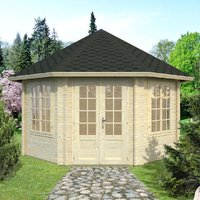Corner log cabin summerhouse with wooden walls, large windows, and a dark shingled roof, set in a garden.