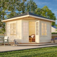 Corner log cabin summerhouse with natural wood finish, large windows, and a pitched roof, set in a garden.
