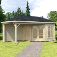 Corner log cabin summerhouse with natural wood finish, large windows, and a black shingled roof in a garden setting.