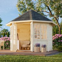 Hexagonal log cabin with natural wood finish, two large windows, and a dark shingled roof, set in a garden.