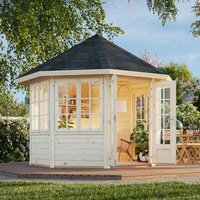 Hexagonal log cabin with cream wood, four large windows, and a dark shingled roof, set in a garden.