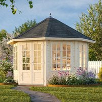 Hexagonal wooden log cabin with four large windows, cream finish, and dark gray roof surrounded by garden.
