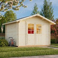 Palmako Vivian log cabin summerhouse, 3.3m x 2.7m, light wood, double doors with windows, pitched roof, garden setting.