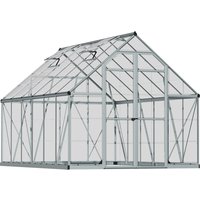 Silver polycarbonate 8x12ft greenhouse with clear panels, peaked roof, and metal frame by Palram Canopia.