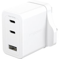 Silver white PanzerGlass empower 70W charger with 2 USB-C ports, 1 USB-A port, UK plug design