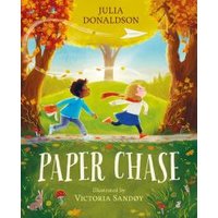 Children's book "Paper Chase" with two kids running through a forest, illustrated by Victoria Sandøy.