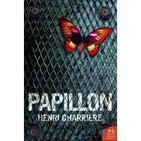 "Papillon book cover with colorful butterfly on dark mesh background, white title text by Henri Charrière"