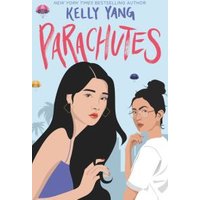 "Parachutes book cover with two illustrated women, palm trees, and colorful parachutes on a blue background"