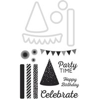 "Party Time" stamp set with party hat, confetti, banners, and celebratory phrases in black and white.