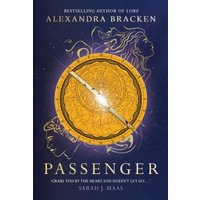 "Passenger book cover with a golden compass, celestial background, and illustrated profiles of two faces."