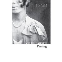 Black and white book cover of "Passing" by Nella Larsen, featuring a partial portrait of a woman in vintage attire.