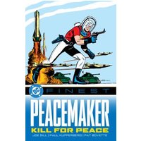 Comic book cover featuring Peacemaker in white helmet, red shirt, and blue pants, with tanks and explosions in the background.