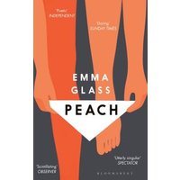 "Book titled 'Peach' by Emma Glass with abstract orange and beige leg illustrations on a dark background"