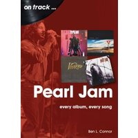 "Pearl Jam book cover with band photos, red background, and white text 'every album, every song'"
