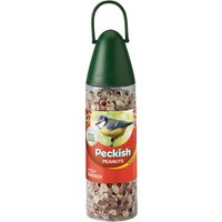 Peckish Peanut Easy Feeder with green cap, clear body filled with peanuts, and bird illustration on label.