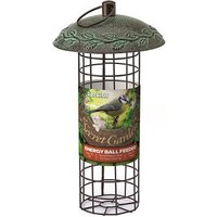 Peckish Secret Garden Energy Ball Feeder with green leaf-patterned metal roof and cylindrical wire mesh body.
