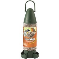 Green Peckish Sunflower Heart bird feeder with clear body, black handle, and orange label featuring birds.