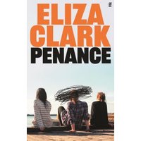 Book cover for "Penance" by Eliza Clark, featuring three people sitting on a beach with abstract lines over one person's head.