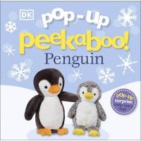 Pop-up Peekaboo Penguin book with two plush penguins on snowy blue background with snowflakes.