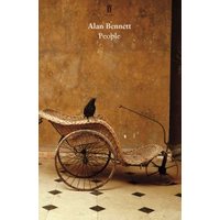 "Alan Bennett's 'People' book cover with vintage wicker chaise and crow on tiled floor against a rustic wall"