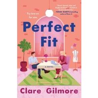 "Pink book cover of 'Perfect Fit' by Clare Gilmore, featuring two people at a table in a stylish room with a mannequin."