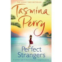 "Perfect Strangers book cover with sunset beach scene, palm trees, and a woman in a red dress walking along the shore."