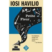"Petite Fleur book cover with black smoke, icons, and a gramophone on a beige and blue background"