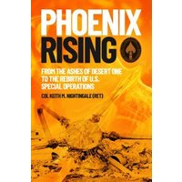 "Orange book cover titled 'Phoenix Rising' with desert scene and helicopter silhouette."