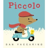 Children's book "Piccolo" with a cartoon dog on a blue scooter, wearing a red hat and scarf, cityscape background.