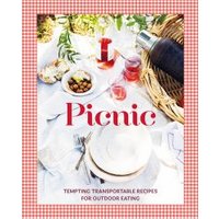 Picnic cookbook with red gingham border, featuring outdoor table setting with plates, cutlery, and a thermos.