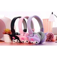 Pink, black, and purple children's headphones with animal ear designs and cartoon faces on ear cups.