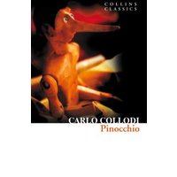 "Collins Classics book cover of Pinocchio with wooden puppet and elongated nose on black background"