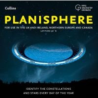 "Collins Planisphere for UK and Ireland, features star map disc for identifying constellations, dark blue background."