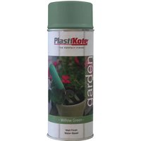 Plastikote Garden Colours Spray Paint in willow green, featuring a garden scene label and green cap.