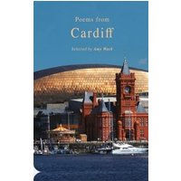 "Poems from Cardiff book with a blue cover, featuring Cardiff Bay's red brick building and gold dome."