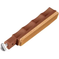 Brown Lansky leather sharpening strop with ribbed grip handle and metal screw for secure attachment.