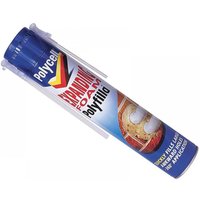 Blue and white Polycell Expanding Foam Polyfilla canister with red text and nozzle attachment.