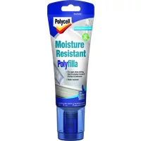 Moisture Resistant Polyfilla tube by Polycell, blue cap, white and blue label with text and logo.