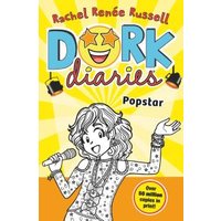 "Dork Diaries: Popstar book with yellow cover, cartoon girl singing, and spotlight graphics"