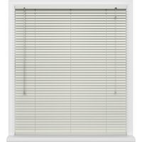White porcelain venetian blinds with horizontal slats and pull cords, set in a rectangular window frame.