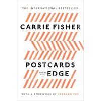"Postcards from the Edge" book by Carrie Fisher, white cover with orange zigzag lines and bold black text.